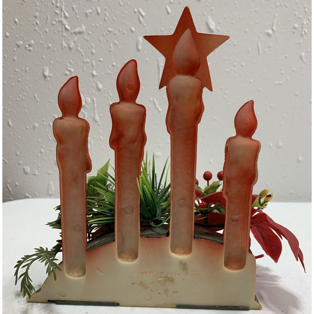 Vintage Plastic Xmas Centerpiece Glittered Drip Candles Poinsettia Greenery - Picture 3 of 7